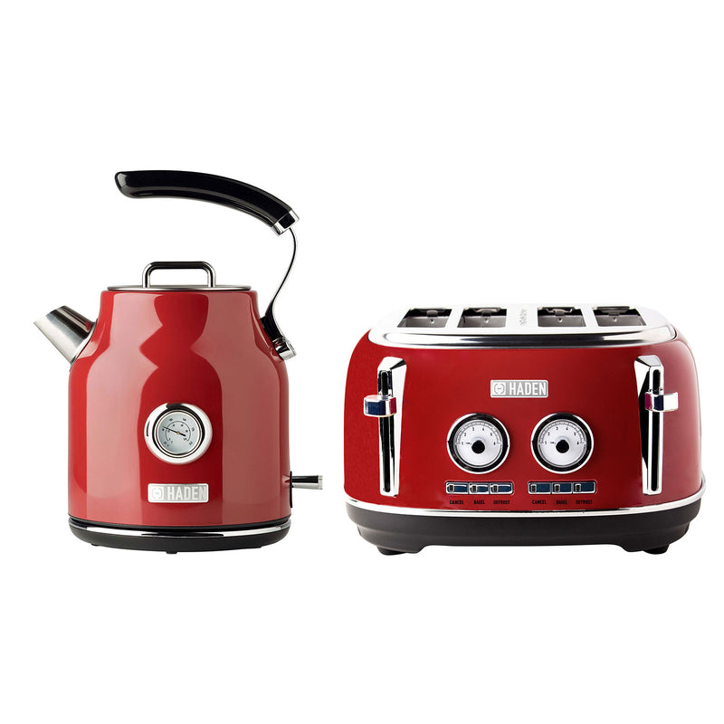 Haden Dorset 1.7 Liter Cordless Electric Kettle and 4 Slice Bread Toaster, Red