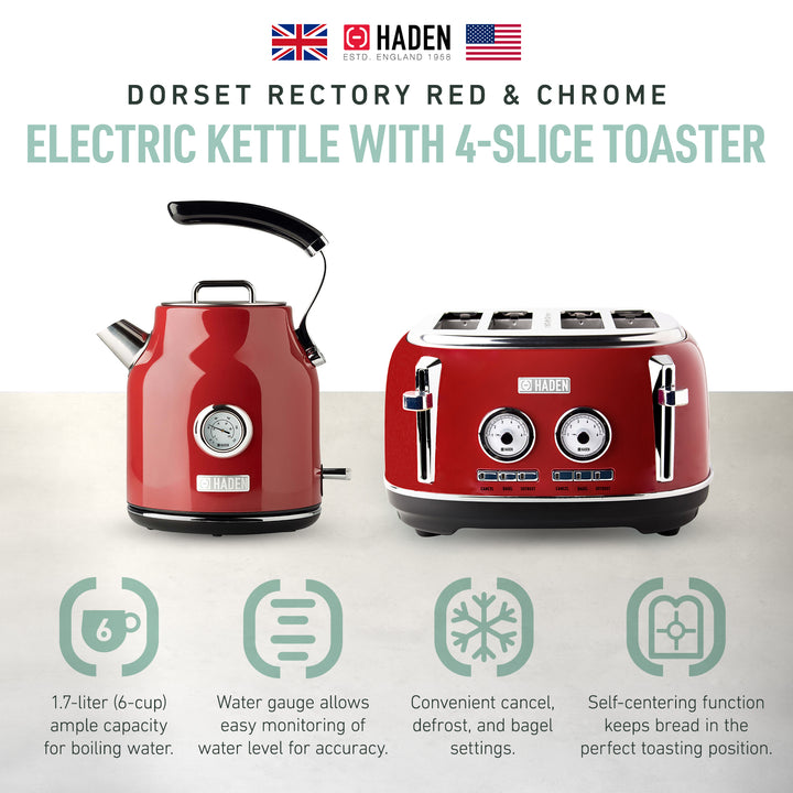 Haden Dorset 1.7 Liter Cordless Electric Kettle and 4 Slice Bread Toaster, Red - VMInnovations