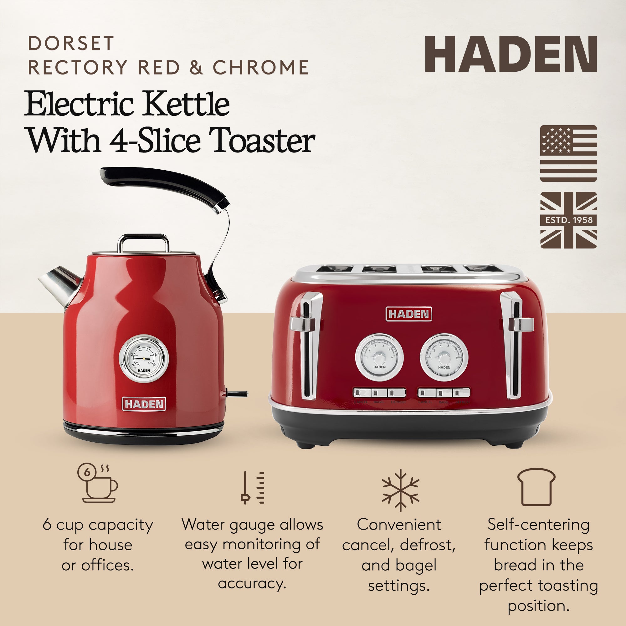 Haden Dorset 1.7 Liter Cordless Electric Kettle and 4 Slice Bread Toaster, Red