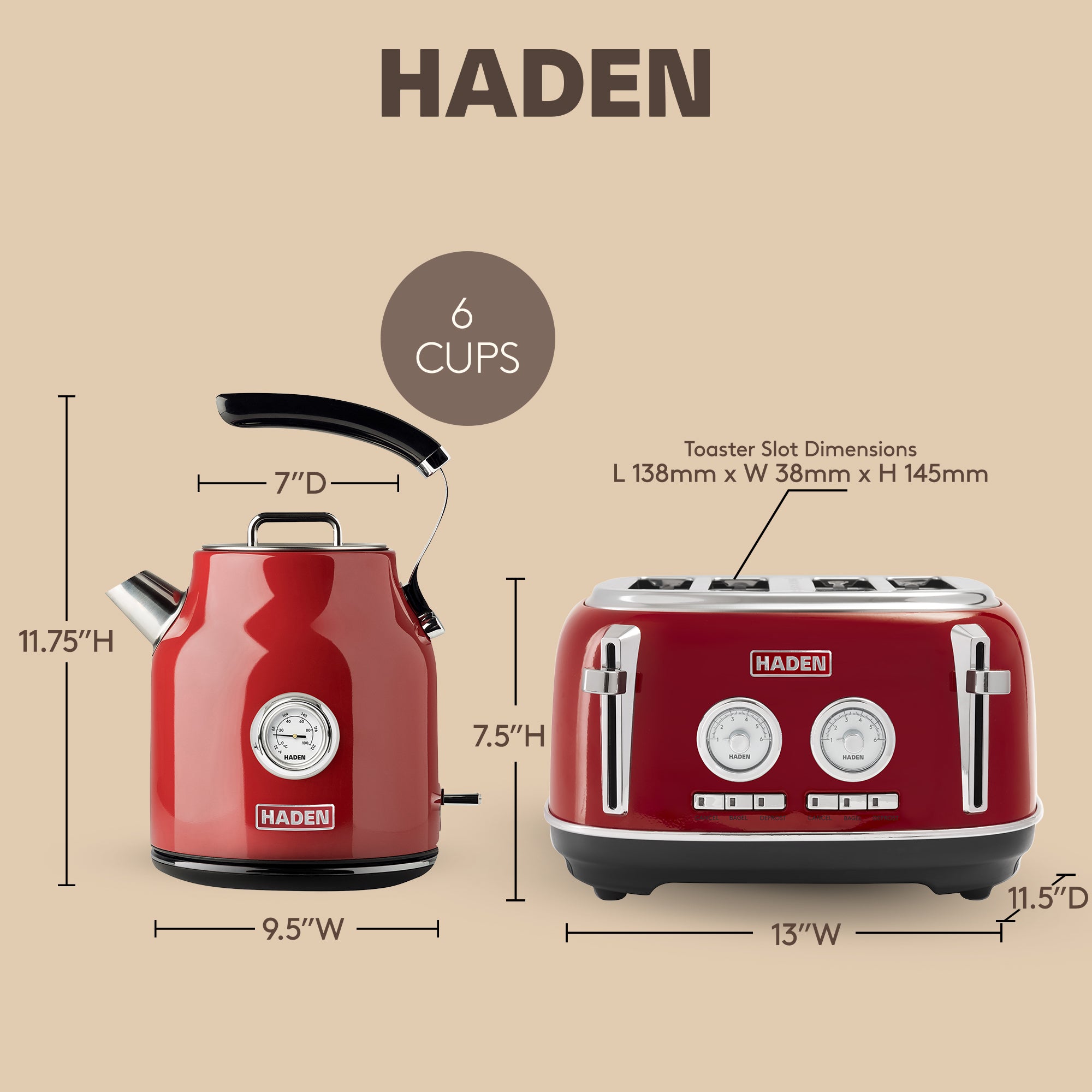 Haden Dorset 1.7 Liter Cordless Electric Kettle and 4 Slice Bread Toaster, Red - VMInnovations