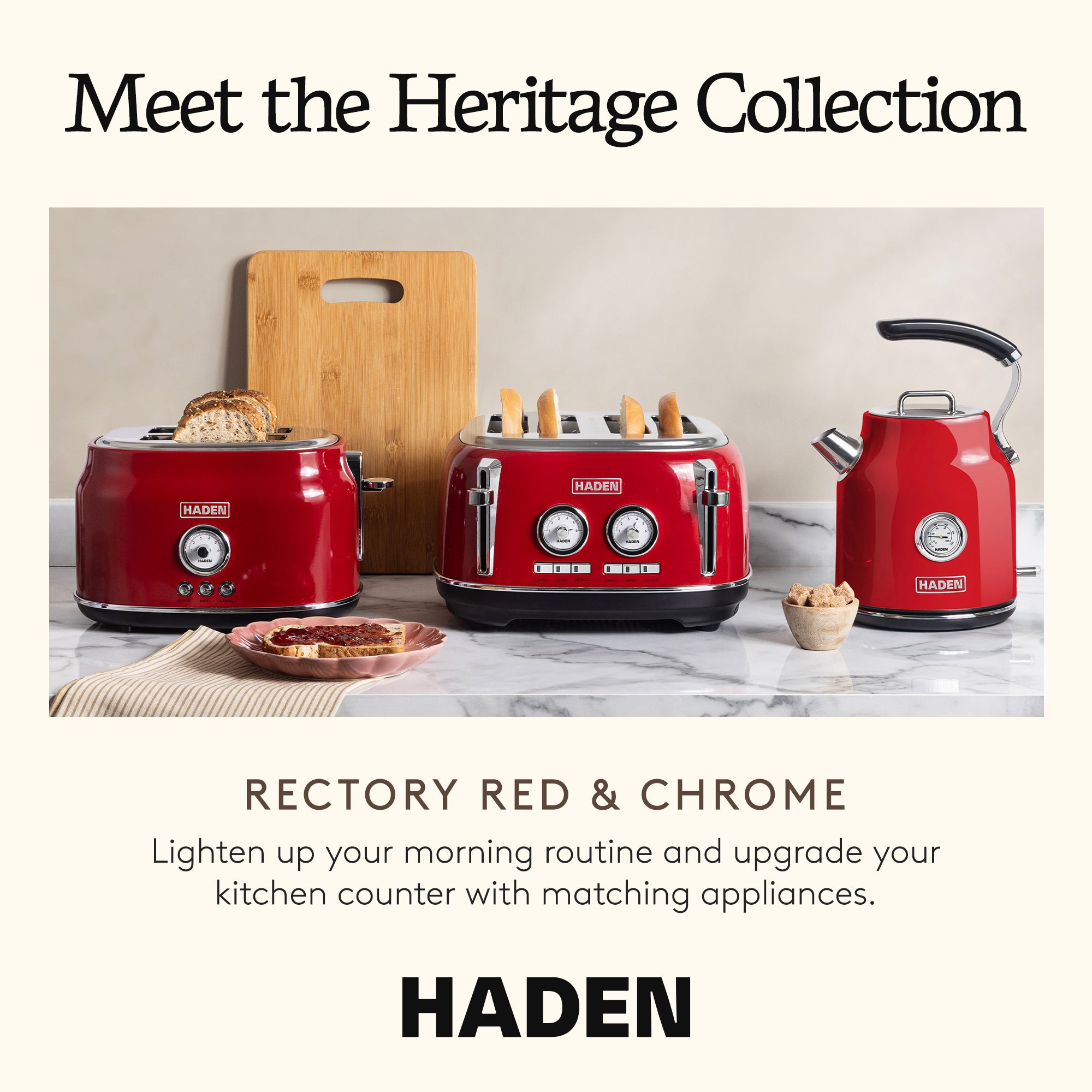 Haden Dorset 1.7 Liter Cordless Electric Kettle and 4 Slice Bread Toaster, Red