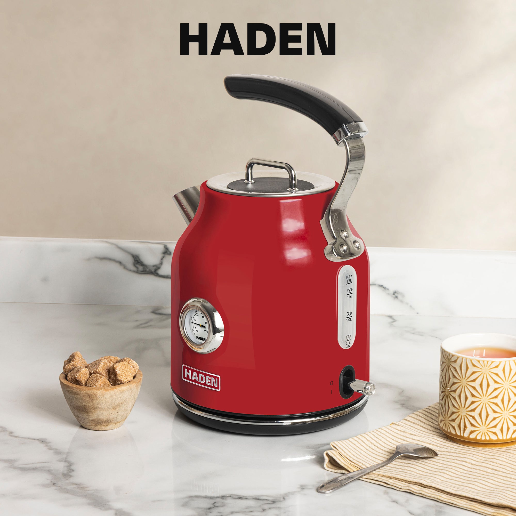 Haden Dorset 1.7 Liter Cordless Electric Kettle and 4 Slice Bread Toaster, Red