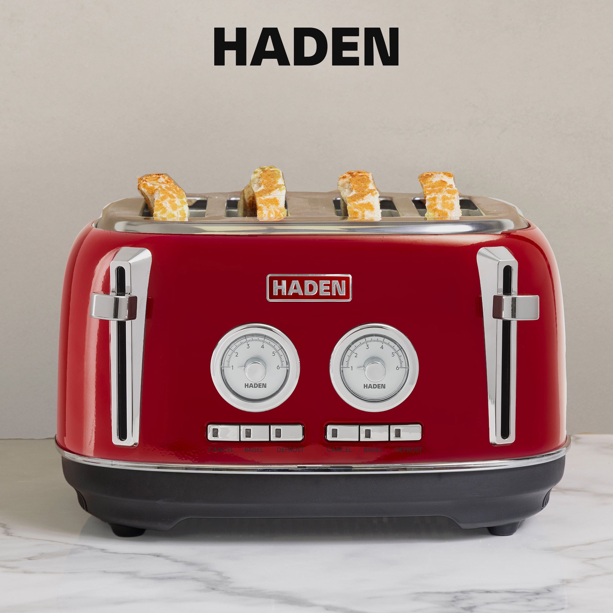Haden Dorset 1.7 Liter Cordless Electric Kettle and 4 Slice Bread Toaster, Red
