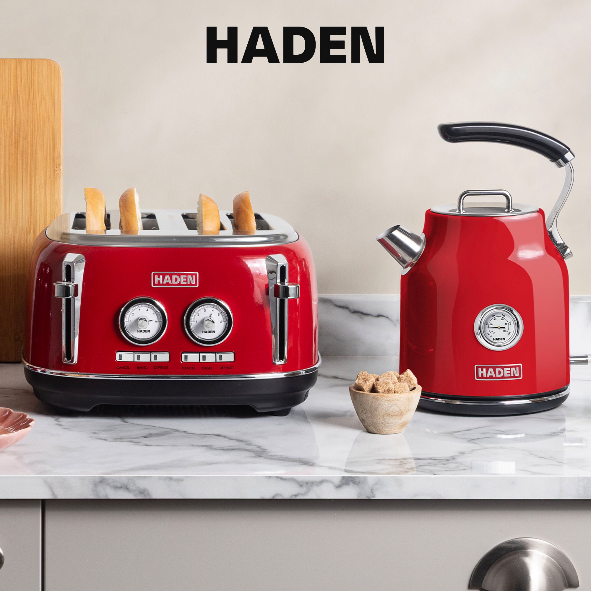 Haden Dorset 1.7 Liter Cordless Electric Kettle and 4 Slice Bread Toaster, Red