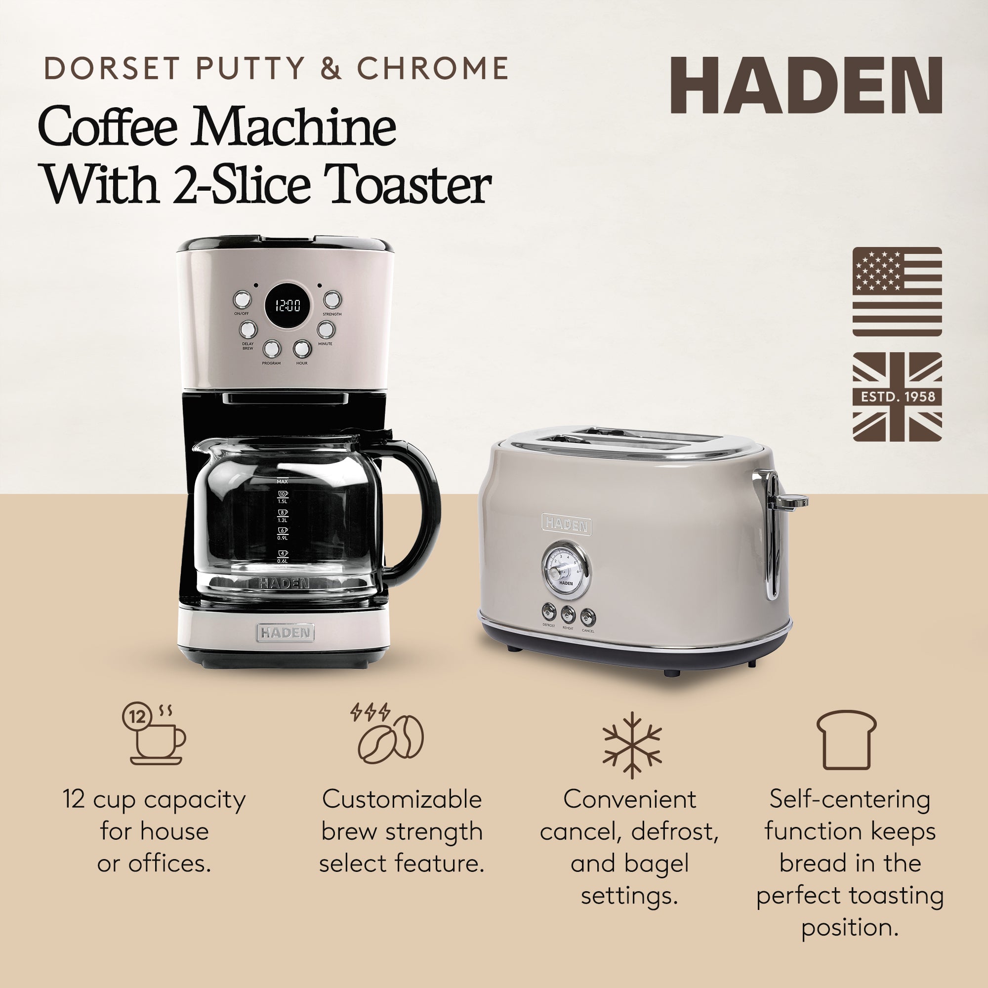 Haden 12 Cup Coffee Maker & Dorset 2 Slice Wide Slot Toaster, Putty & Chrome
