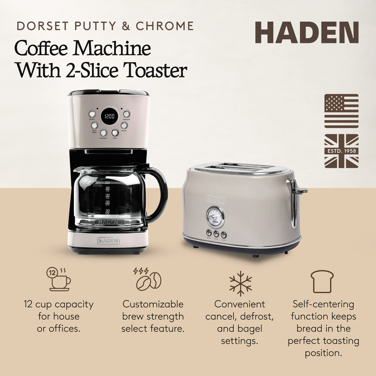 Haden 12 Cup Coffee Maker & Dorset 2 Slice Wide Slot Toaster, Putty & Chrome