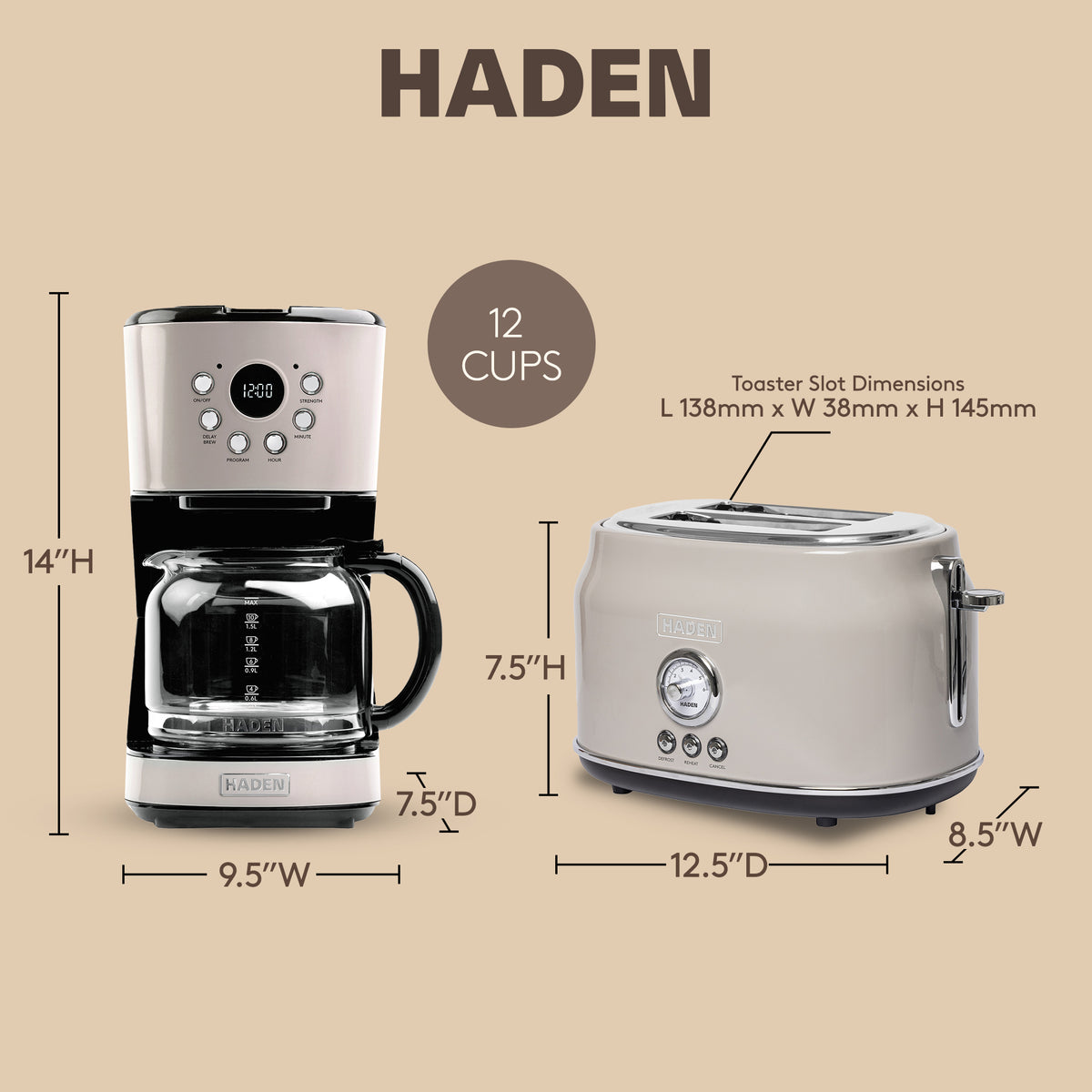 Haden 12 Cup Coffee Maker & Dorset 2 Slice Wide Slot Toaster, Putty & Chrome - VMInnovations