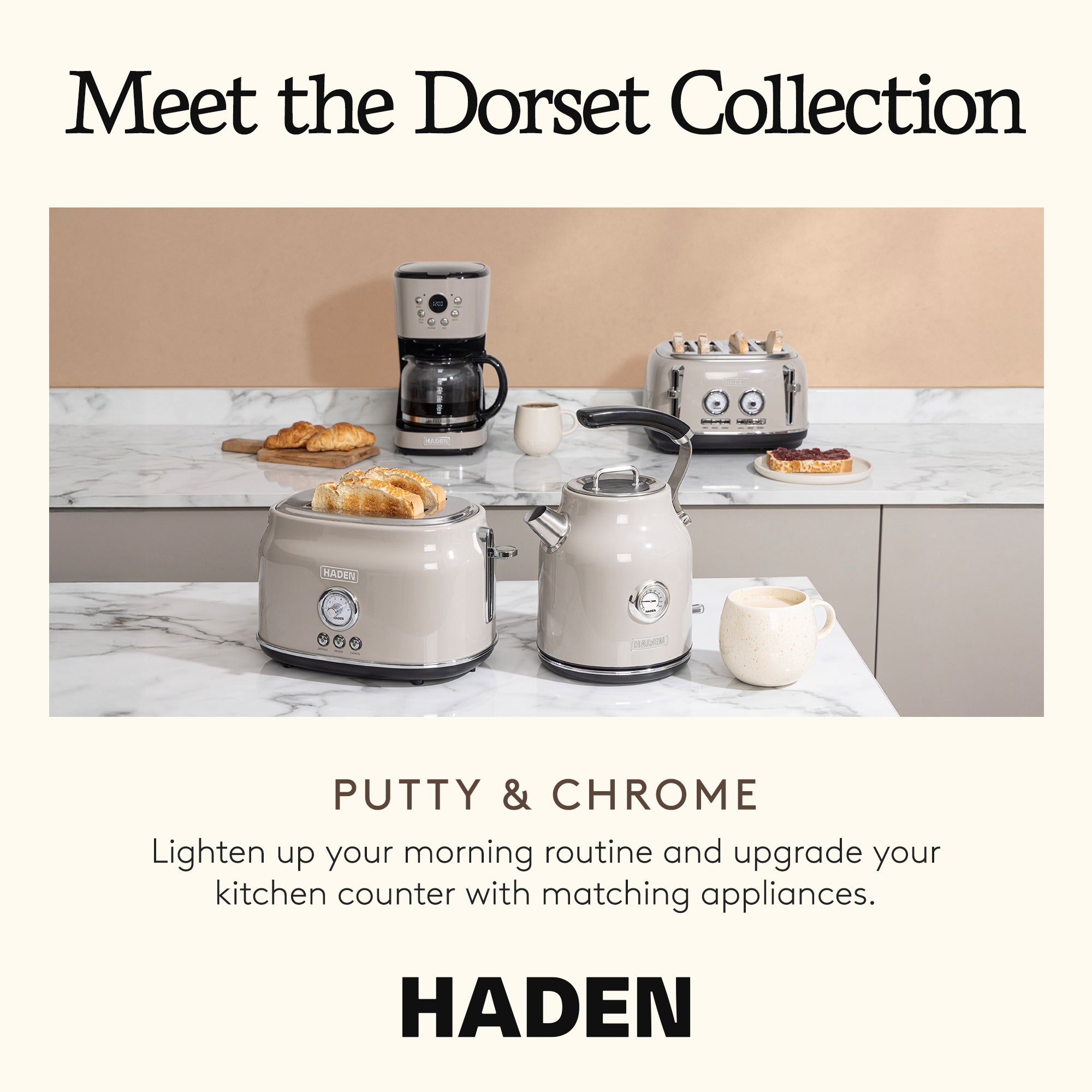 Haden 12 Cup Coffee Maker & Dorset 2 Slice Wide Slot Toaster, Putty & Chrome