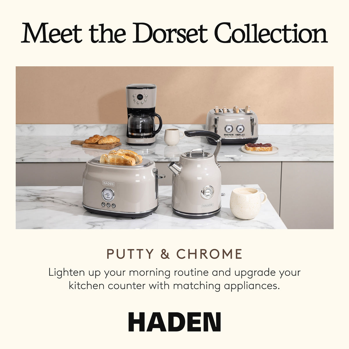 Haden 12 Cup Coffee Maker & Dorset 2 Slice Wide Slot Toaster, Putty & Chrome