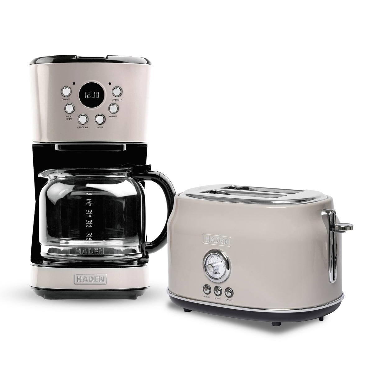 Haden 12 Cup Coffee Maker & Dorset 2 Slice Wide Slot Toaster, Putty & Chrome - VMInnovations