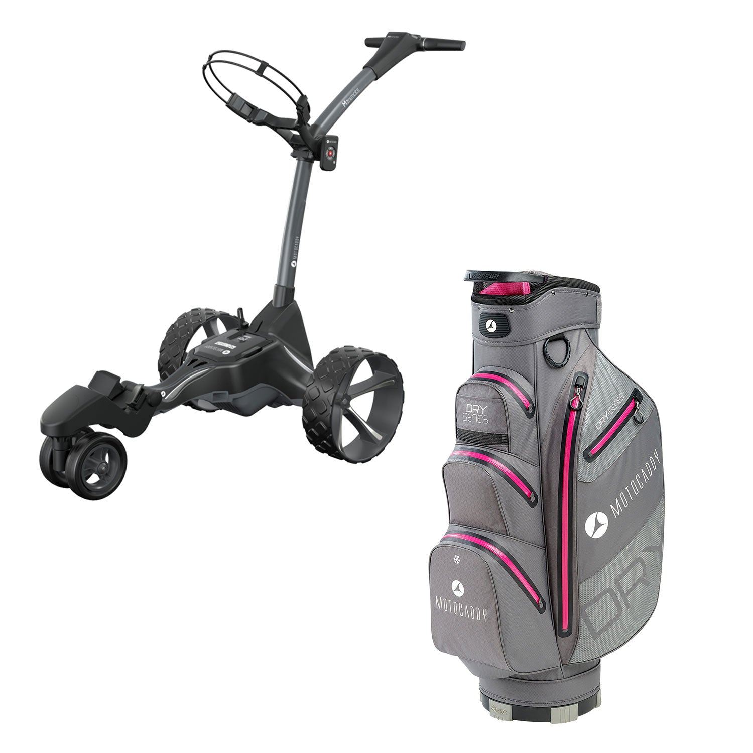 Motocaddy M7 DHC 4 Wheel Golf Caddy Cart w/ Carrying Golf Club Cart Bag, Fuchsia - VMInnovations