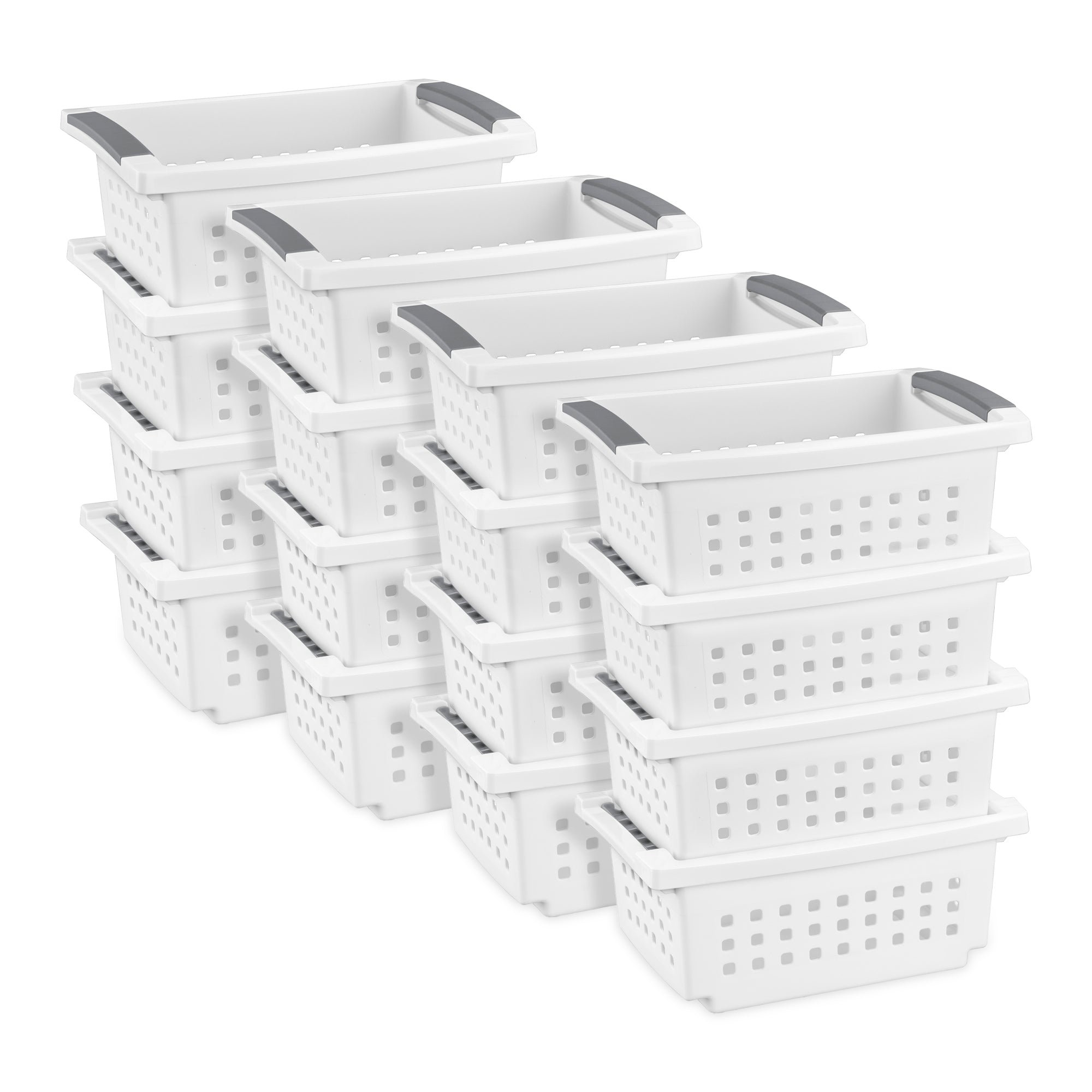 Sterilite 16608008 Small Stacking Basket with Titanium Accents, White (16 Pack) - VMInnovations