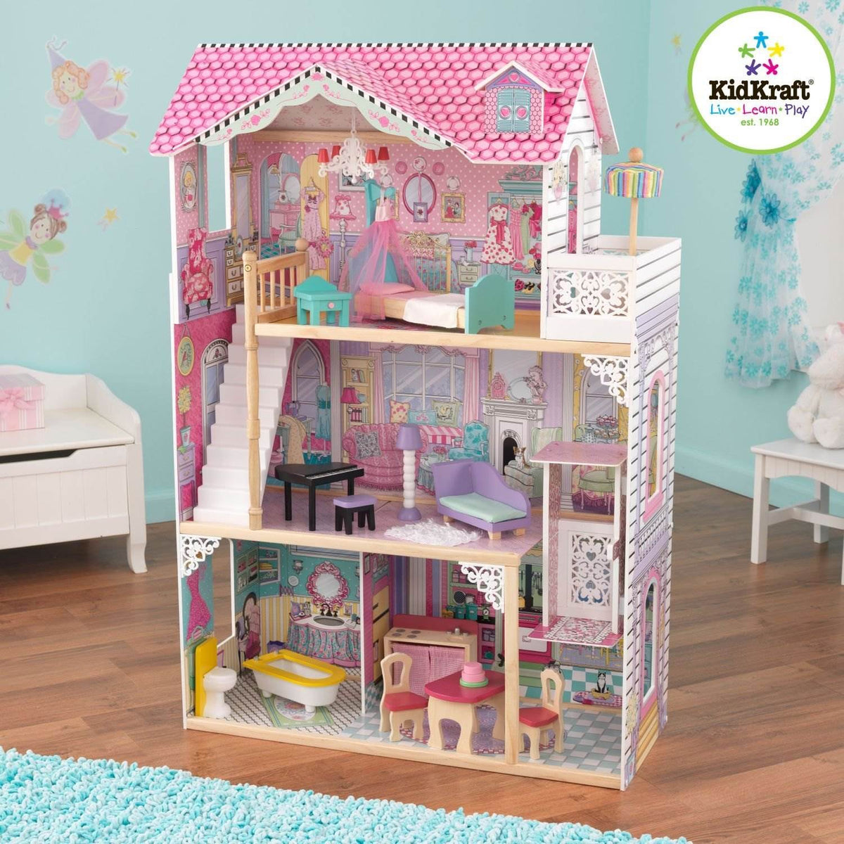 KidKraft Annabelle Large Wooden Play Dollhouse w/ 17 Furniture Accessories, Pink