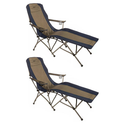 Kamp-Rite Folding Lounger Camp Chair with Cupholders, Navy and Tan (2 Pack)
