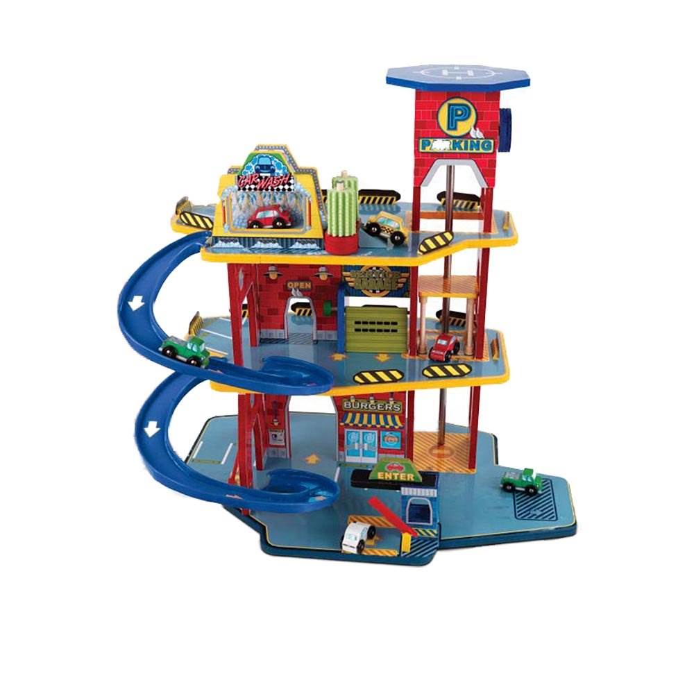 KidKraft Wooden Tall 3-Tier Garage Trucks, Cars, & Helicopter Playset (Open Box)