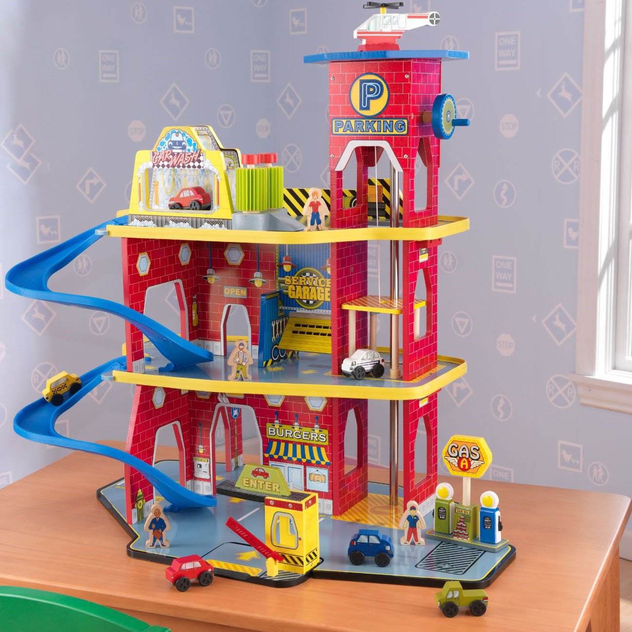 KidKraft Wooden Tall 3-Tier Garage Trucks, Cars, & Helicopter Playset (Open Box)
