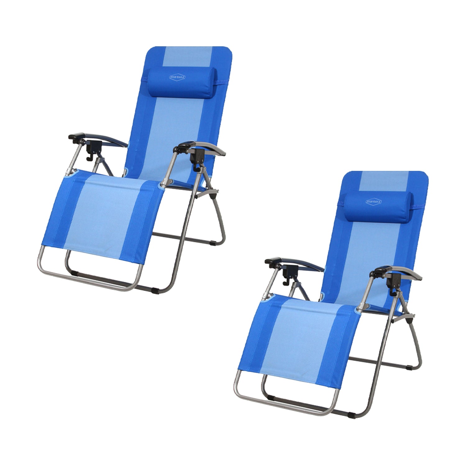 Kamp-Rite Folding Reclining Zero Gravity Chair w/ Headrest Pillow, Blue (2 Pack)