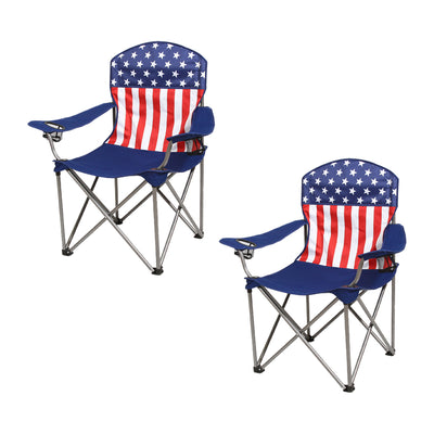 Kamp-Rite Folding Outdoor Camping Beach Chair with Cupholders, USA Flag (2 Pack)