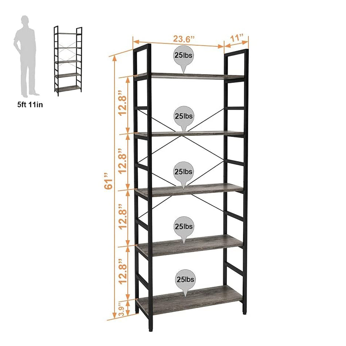 Bestier 5 Tier Adjustable Multifunctional Storage Display Bookcase 26 Inch, Gray