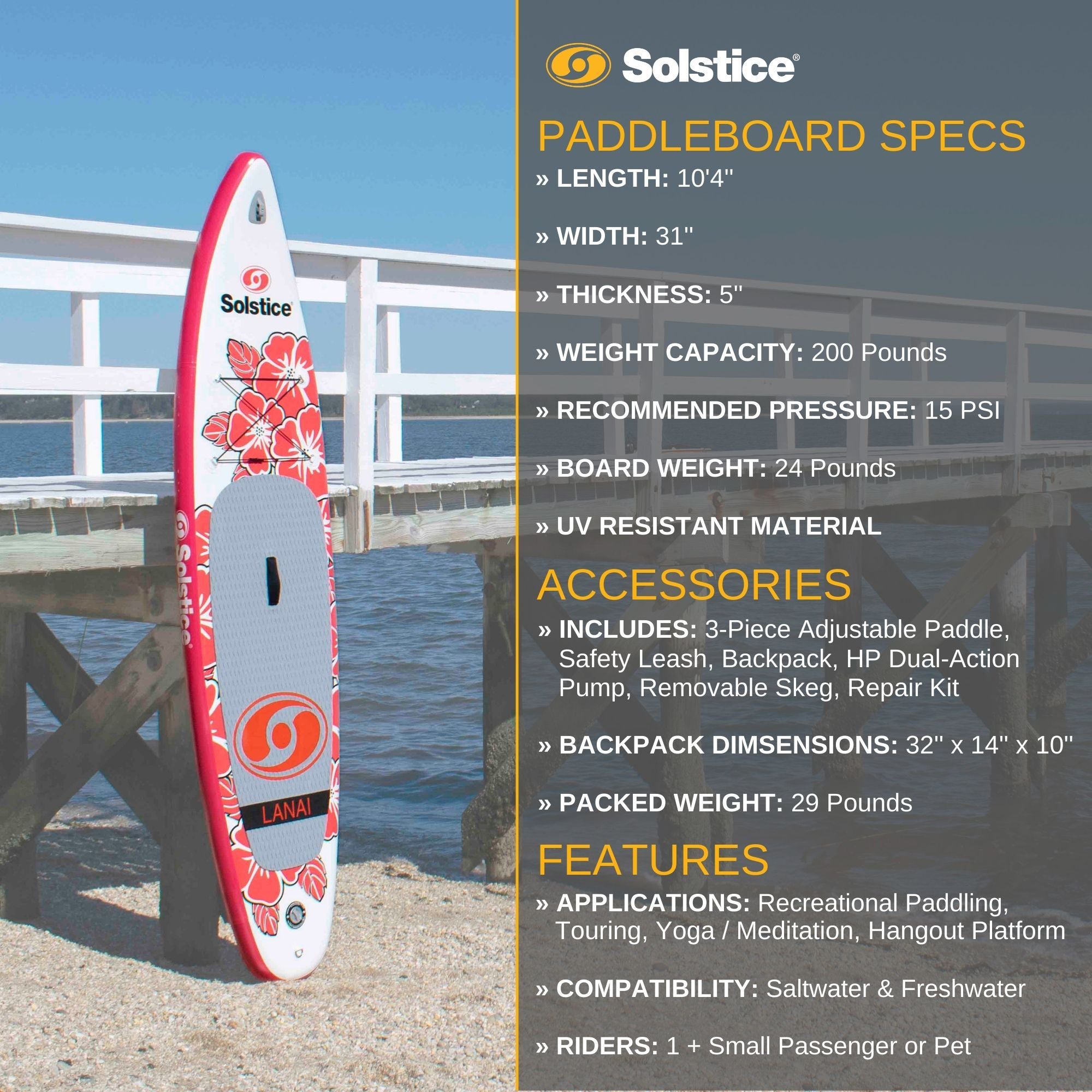 Solstice Watersports Lanai 10 ft Inflatable Stand-Up Paddle Board, Red(Open Box) - VMInnovations