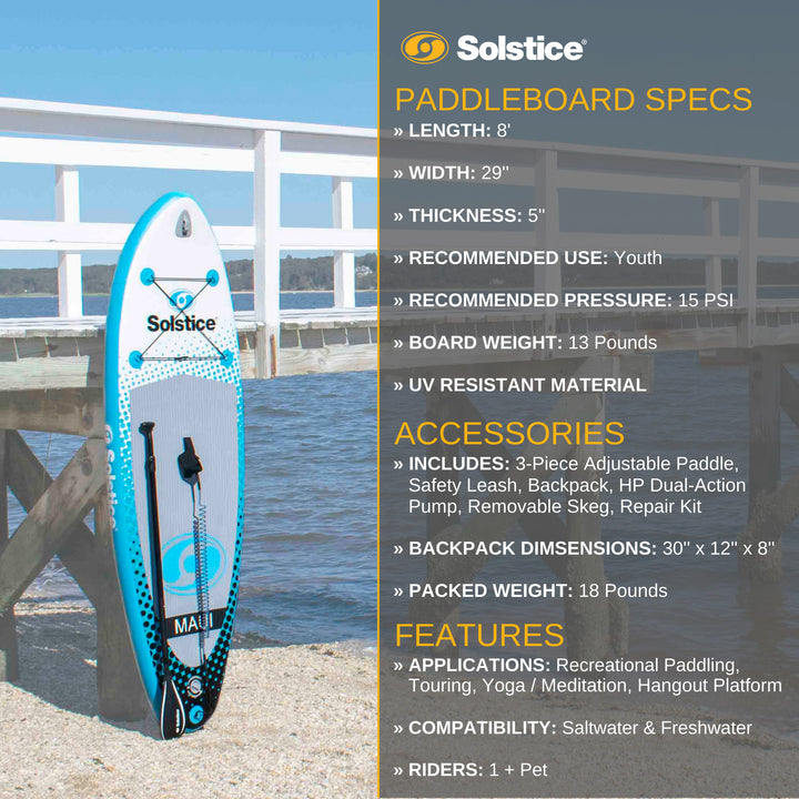 Solstice Maui 8-Foot Youth Stand Up Paddle Board Inflatable SUP Raft Set, Blue - VMInnovations