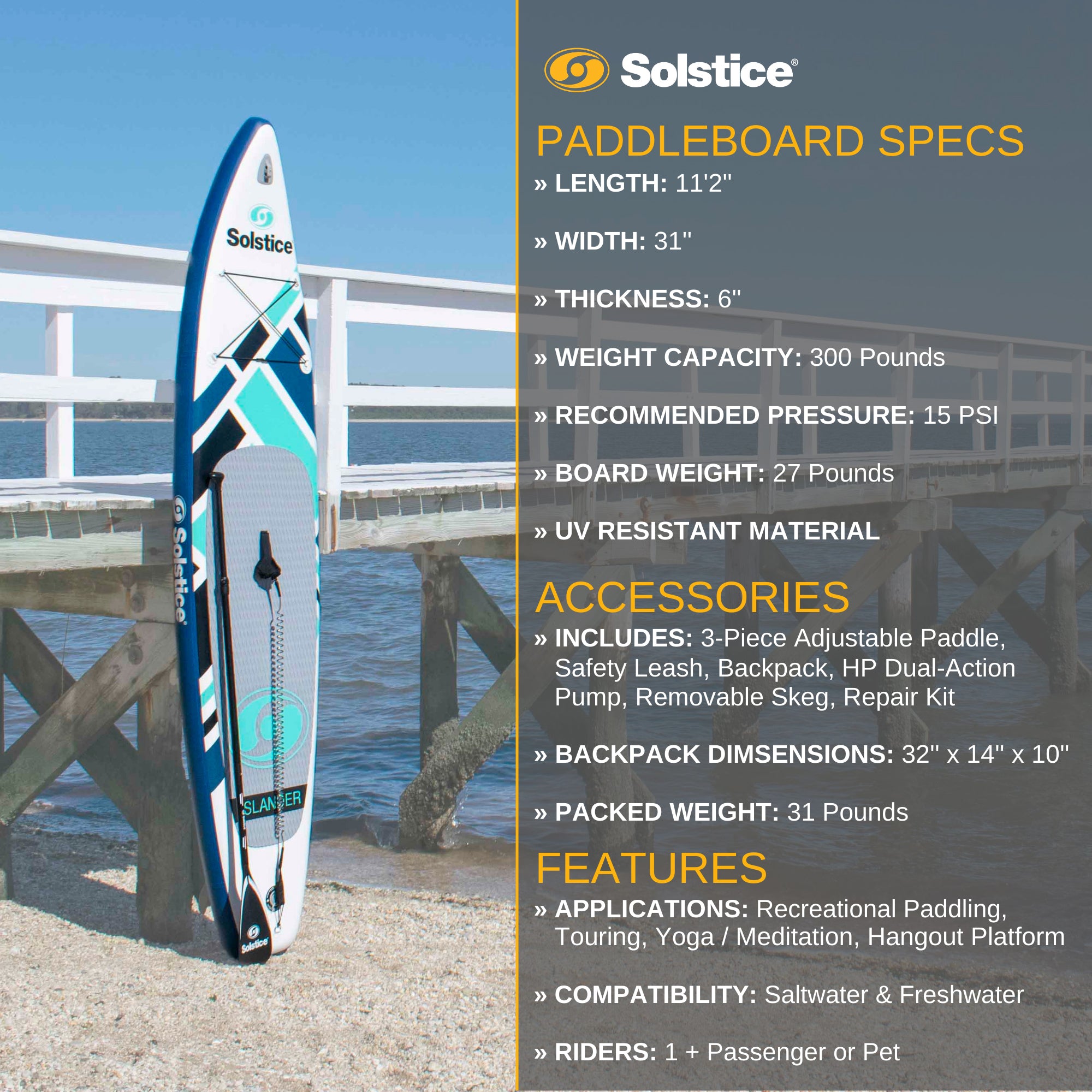 Solstice Watersports Islander 11 ft Inflatable Paddle Board Kit, Teal (Open Box) - VMInnovations