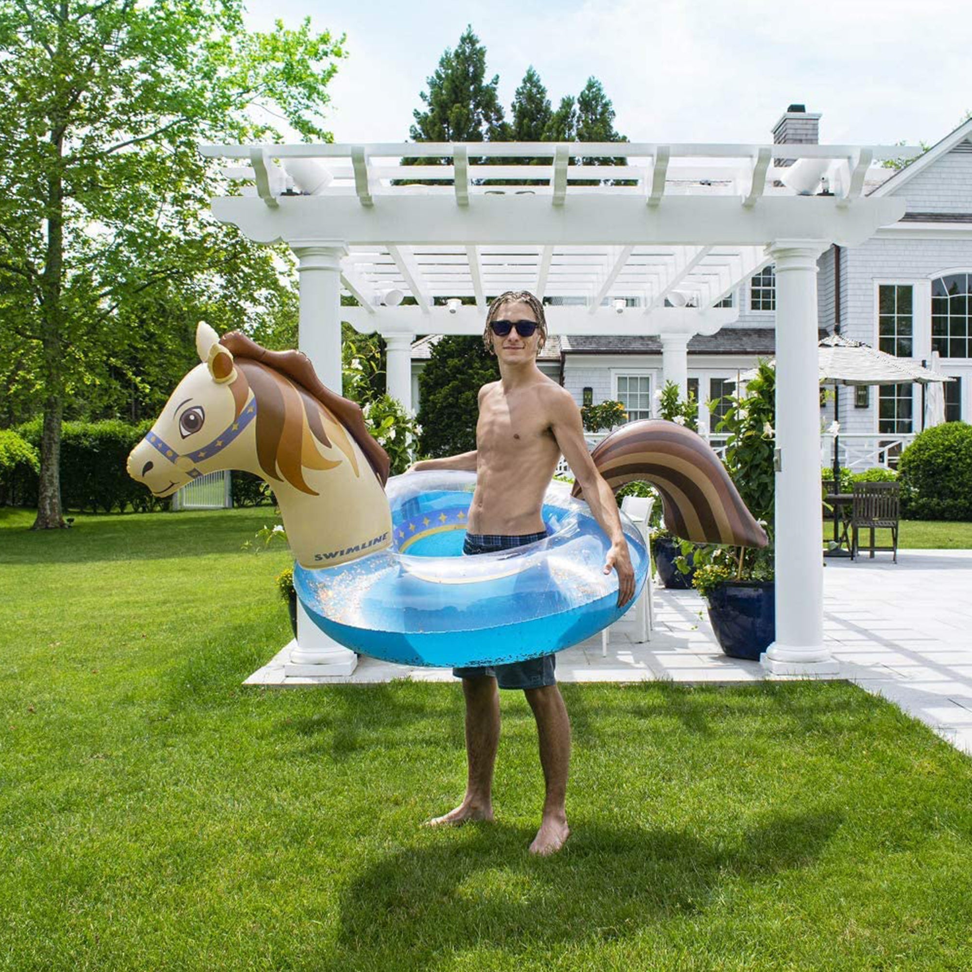 Swimline Hobby Horse 60" Gold Glitter Inflatable Swimming Pool Float Lounge Ring - VMInnovations