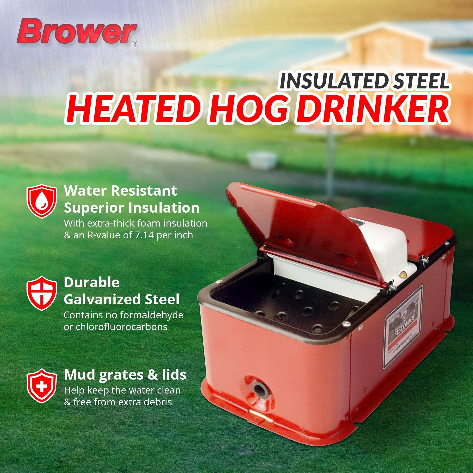 Brower MC32E Insulated Steel Heated Livestock Hog Drinker with Lid & Mud Grates - VMInnovations