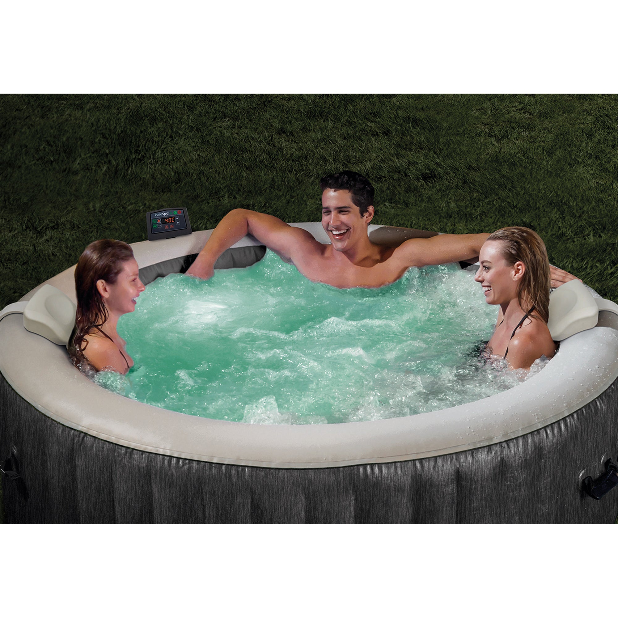 Intex 28439EP PureSpa Plus Greywood Inflatable Hot Tub Bubble Jet Spa, 77 x 28" + Intex 28523E Round PureSpa Energy Efficient Spa Hot Tub Replacement Cover, Tan - VMInnovations