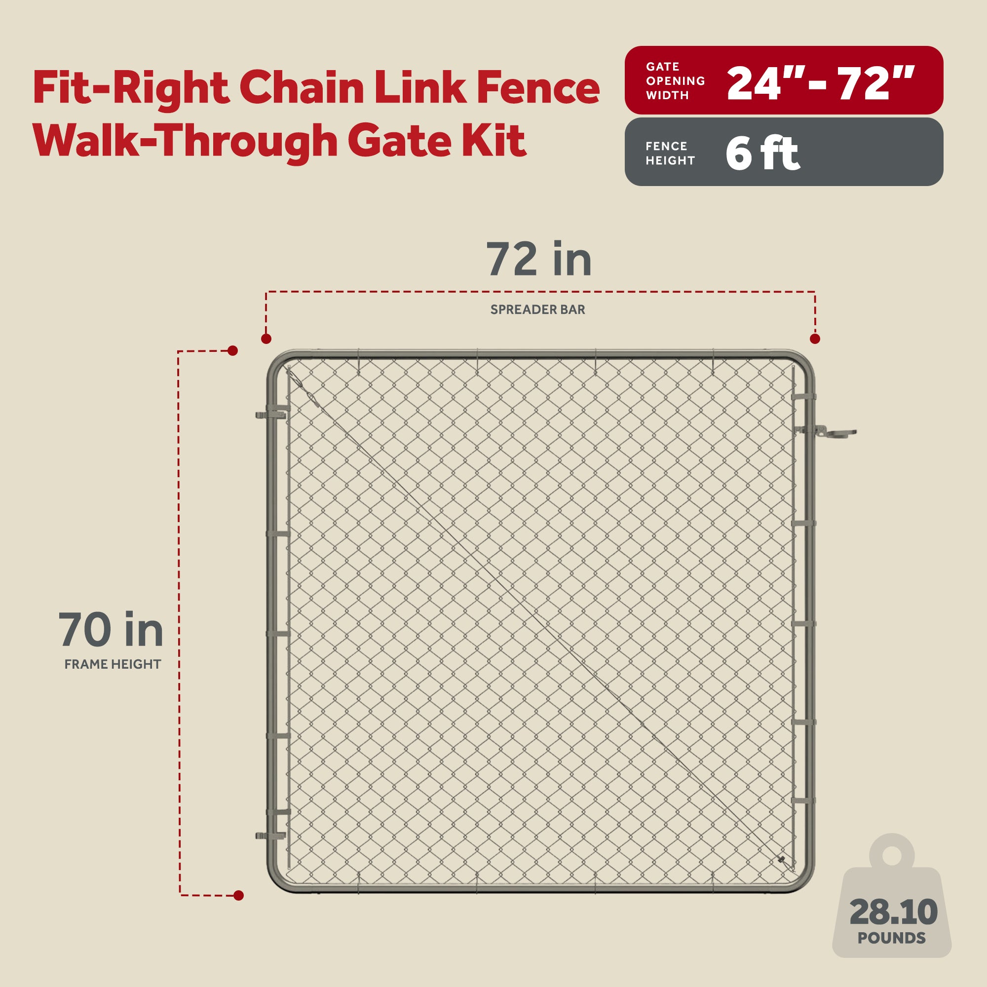 Adjust-A-Gate Fit-Right Chain Link Fence Walk-Through Gate Kit (24"-72"W x 6'H) - VMInnovations