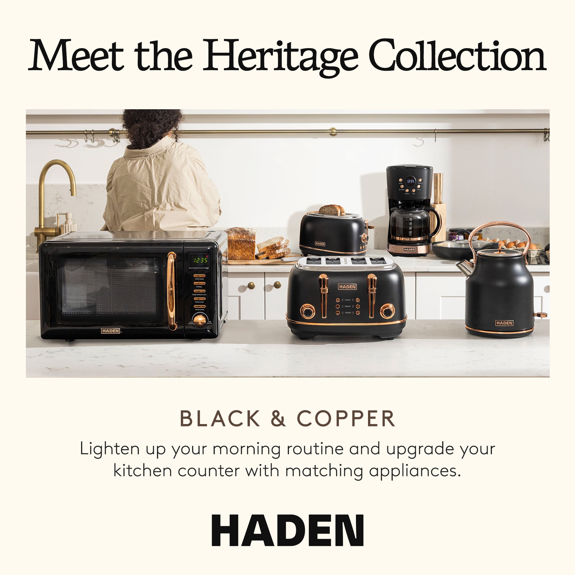 Haden Heritage 4 Slice Toaster & Dorset 1.7L Electric Water Kettle, Black/Copper