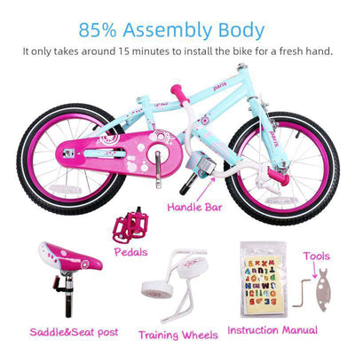 JOYSTAR Paris Kids Bike for Girls Ages 3-5 w/ Training Wheels, 14", Purple/Pink