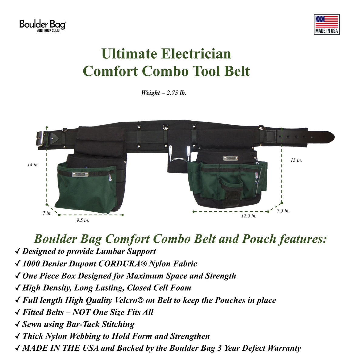 Boulder Bag Ultimate Comfort Combo 104 Electrician Tool Belt, 36-40", Green