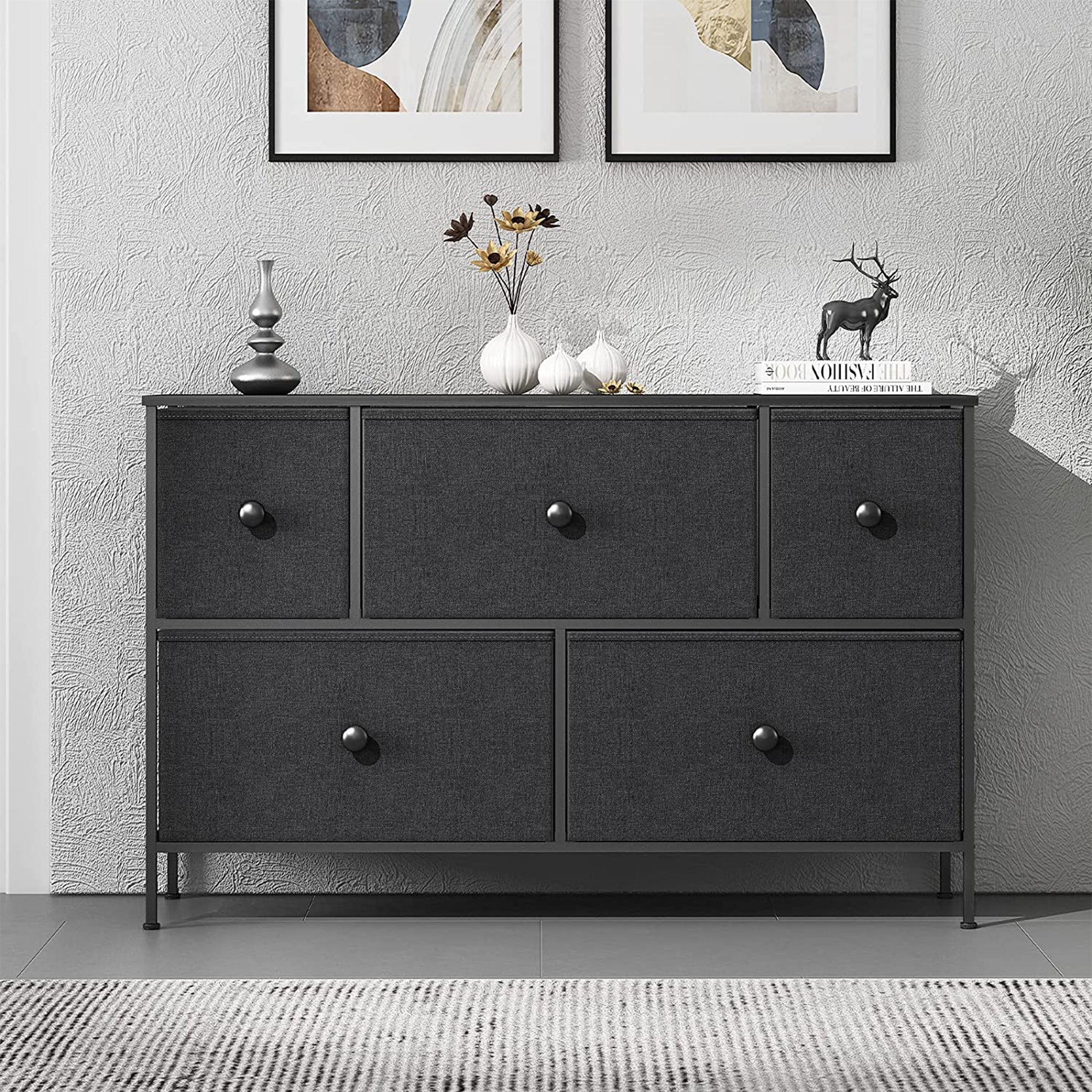 REAHOME 5 Drawer Steel Frame Storage Chest Dresser, Black Grey (Open Box) - VMInnovations