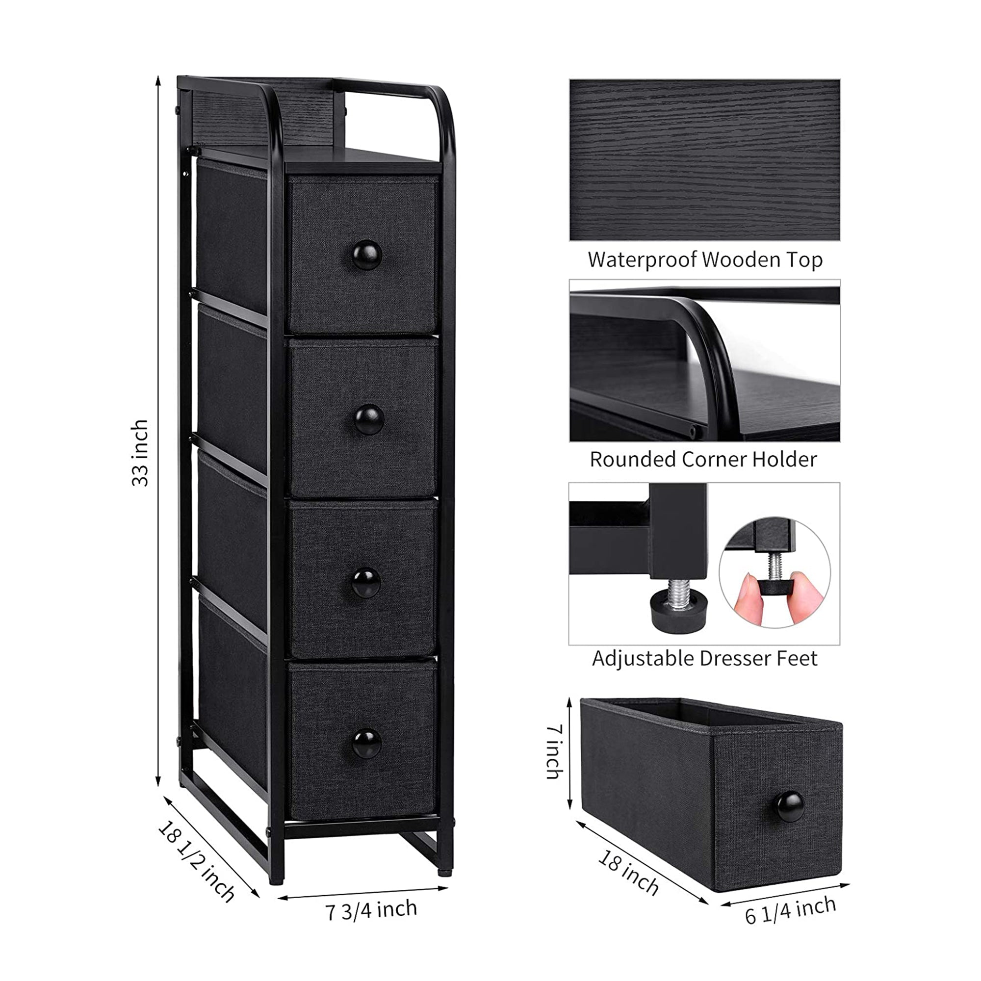 REAHOME 4 Drawer Vertical Organizer Narrow Tower Dresser, Black Grey (Used) - VMInnovations