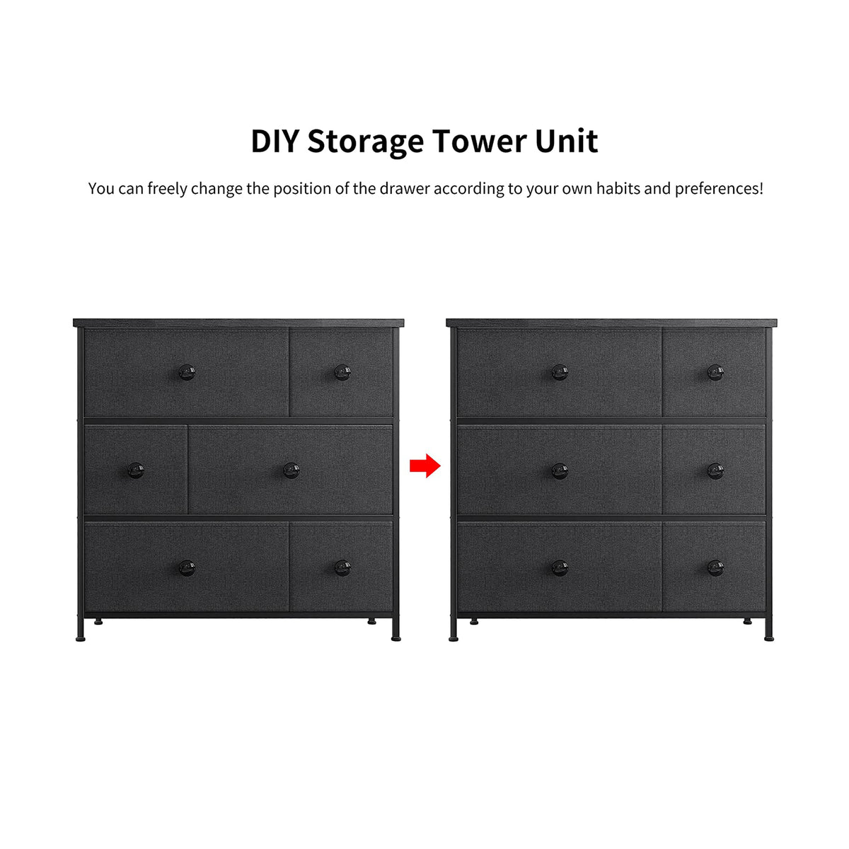 REAHOME 6 Drawer Steel Frame Bedroom Storage Organizer Chest Dresser, Black Grey