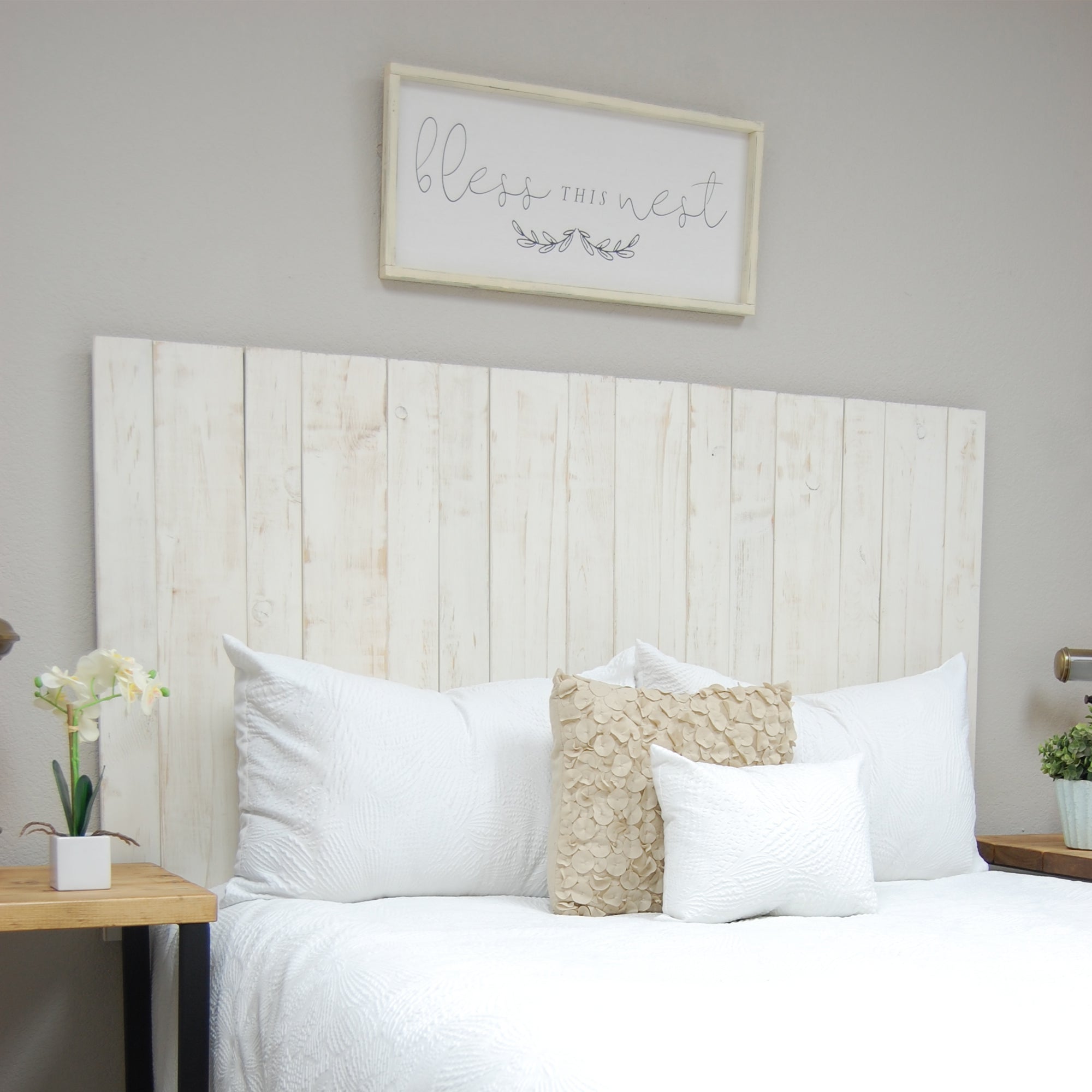 Barn Walls Floating Hanger 3 Panel Wall Headboard, Whitewash, Queen (Open Box)