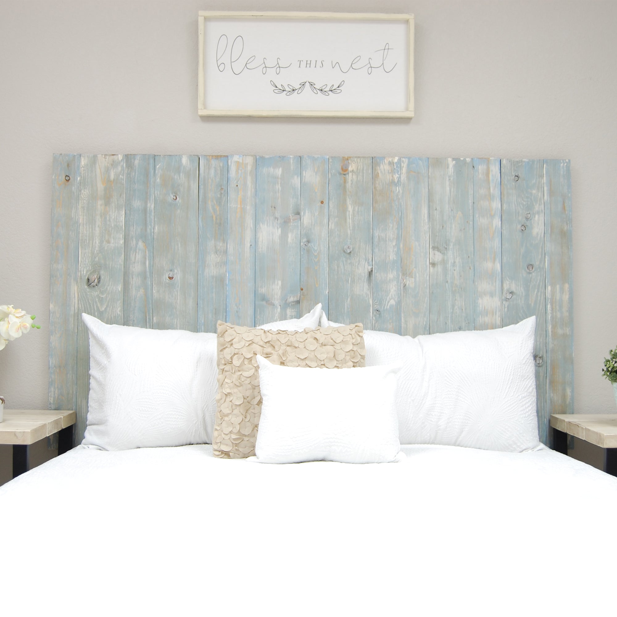 Barn Walls Handcrafted Floating 4 Panel Headboard, Blue Powderwash, King (Used)