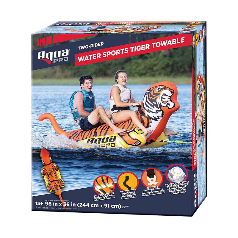 AquaPro 96 Inch Heavy Duty Nylon Tiger Water Towable 2 Person Rider, Orange
