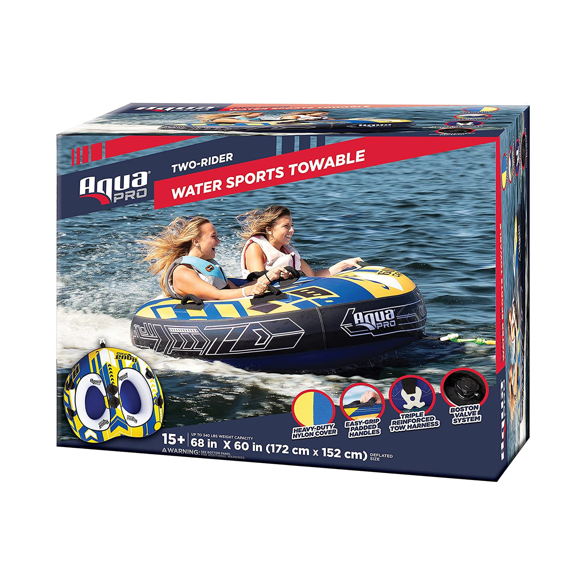 AquaPro Heavy Duty 60 In 1 Rider, Yellow & Red, and 65 In 2 Rider, Yellow & Blue