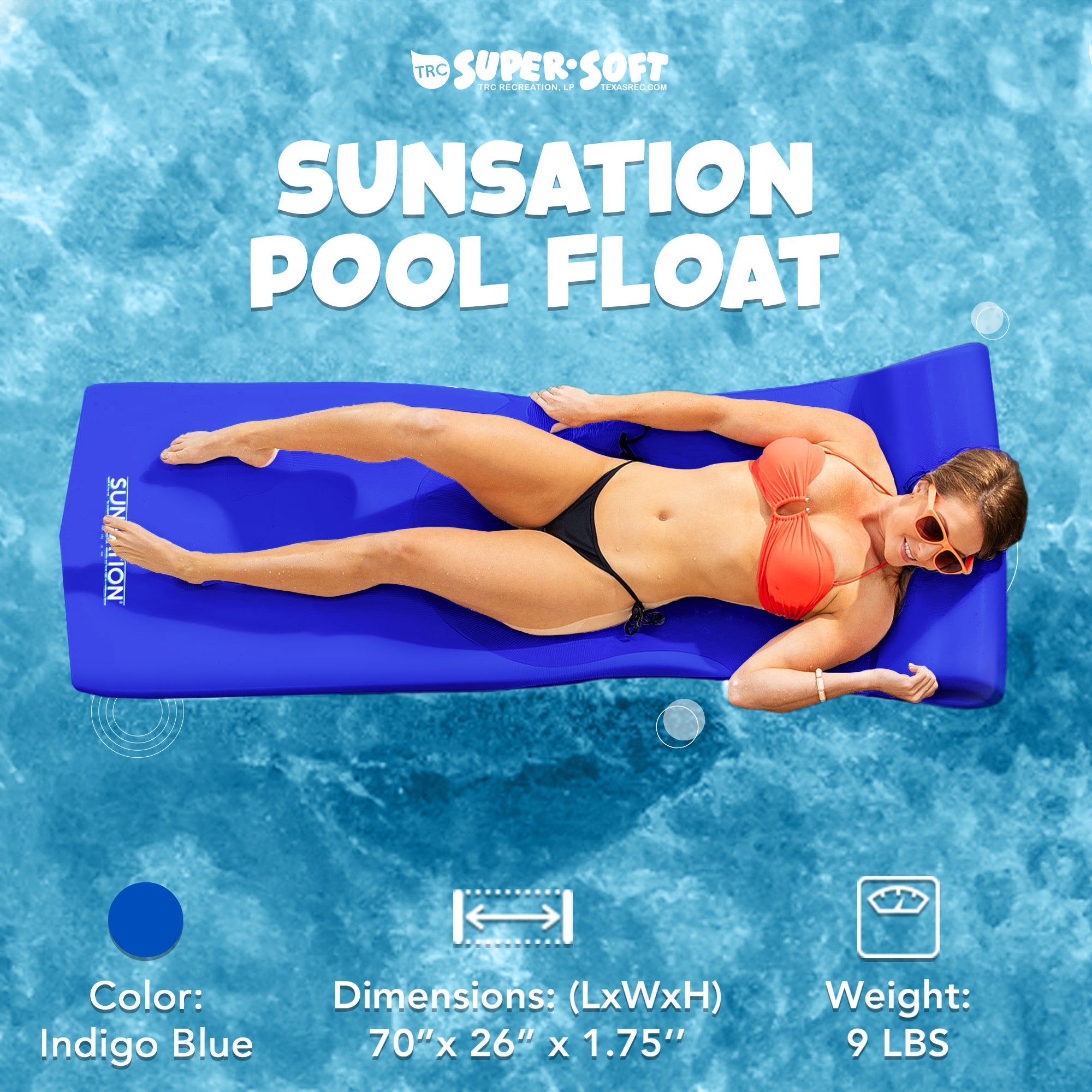 TRC Recreation Sunsation 1.75" Thick Foam Lounger Raft Pool Float, Indigo Blue