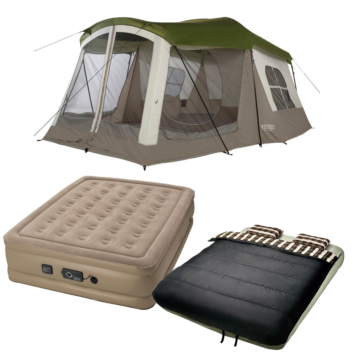 Insta-Bed Klondike 8 Person Camping Tent with Queen Air Mattress and Bedding Set