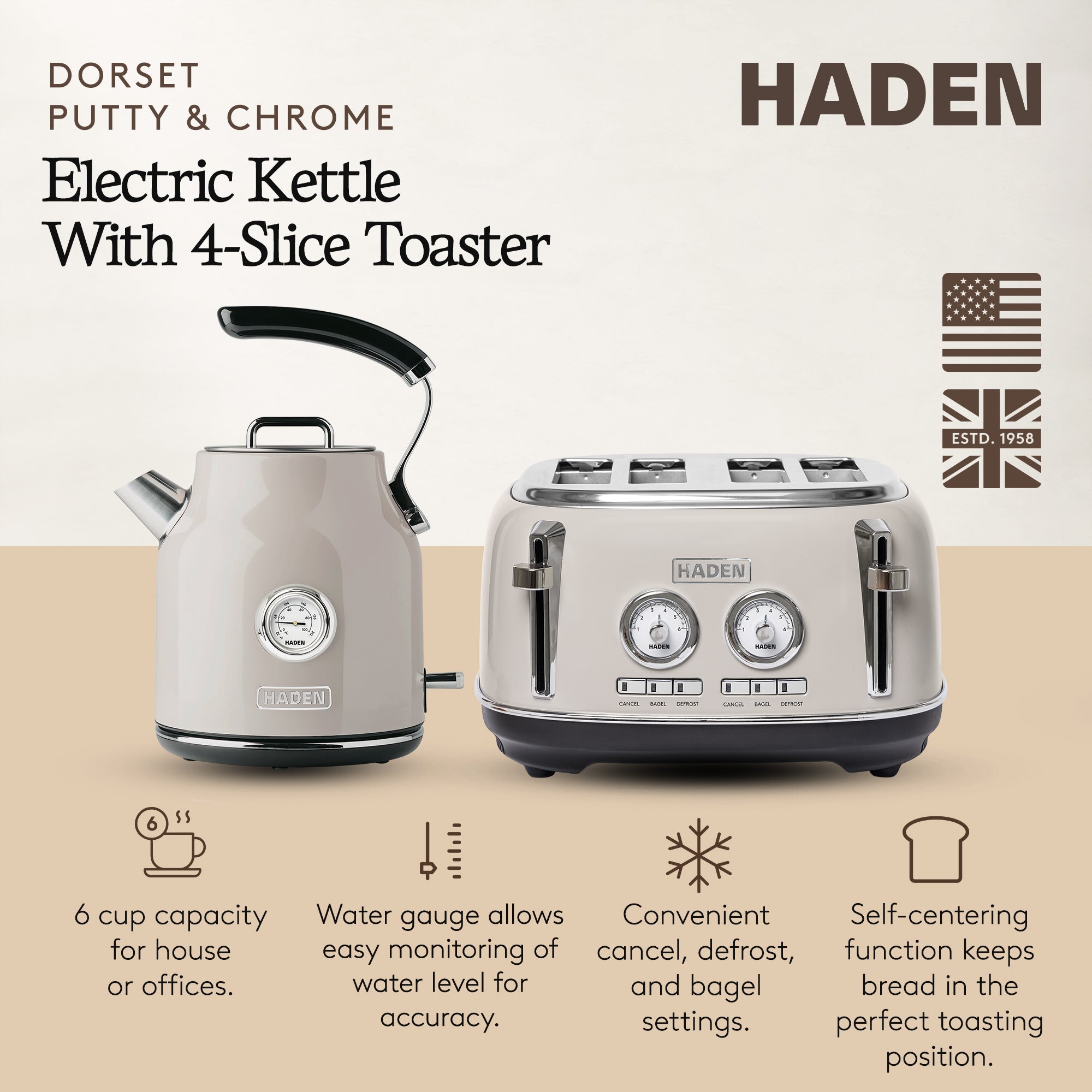 Haden Dorset 4 Slice Wide Slot Toaster & Electric Water Kettle, Putty & Chrome - VMInnovations