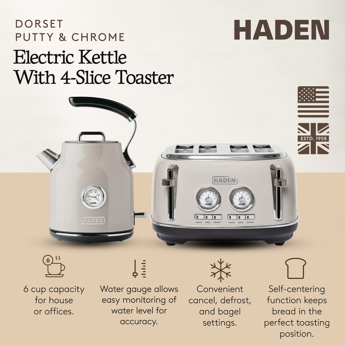 Haden Dorset 4 Slice Wide Slot Toaster & Electric Water Kettle, Putty & Chrome - VMInnovations