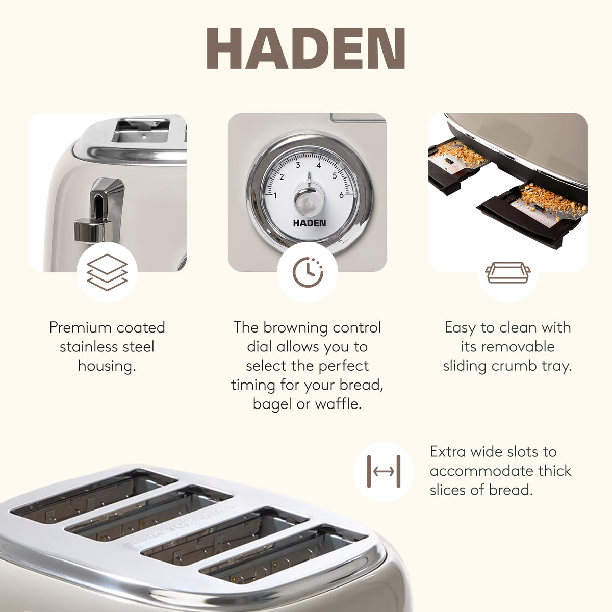 Haden Dorset 4 Slice Wide Slot Toaster & Electric Water Kettle, Putty & Chrome - VMInnovations