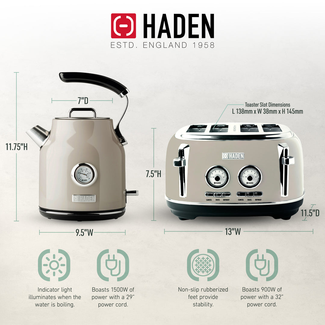 Haden Dorset 4 Slice Wide Slot Toaster & Electric Water Kettle, Putty & Chrome - VMInnovations