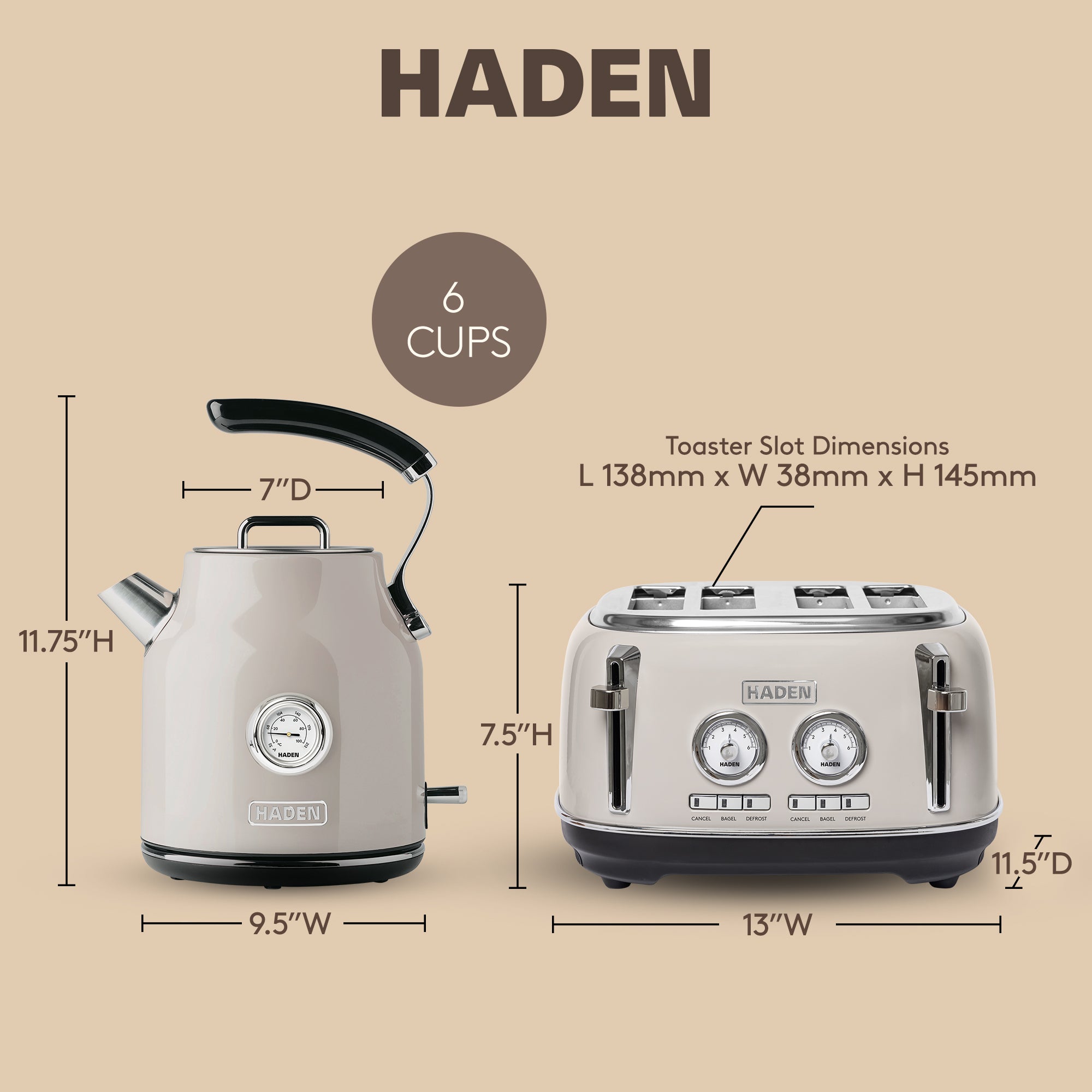 Haden Dorset 4 Slice Wide Slot Toaster & Electric Water Kettle, Putty & Chrome - VMInnovations