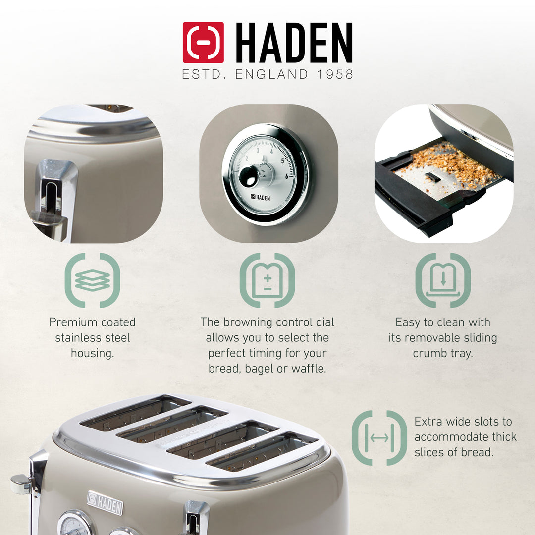 Haden Dorset 4 Slice Wide Slot Toaster & Electric Water Kettle, Putty & Chrome - VMInnovations