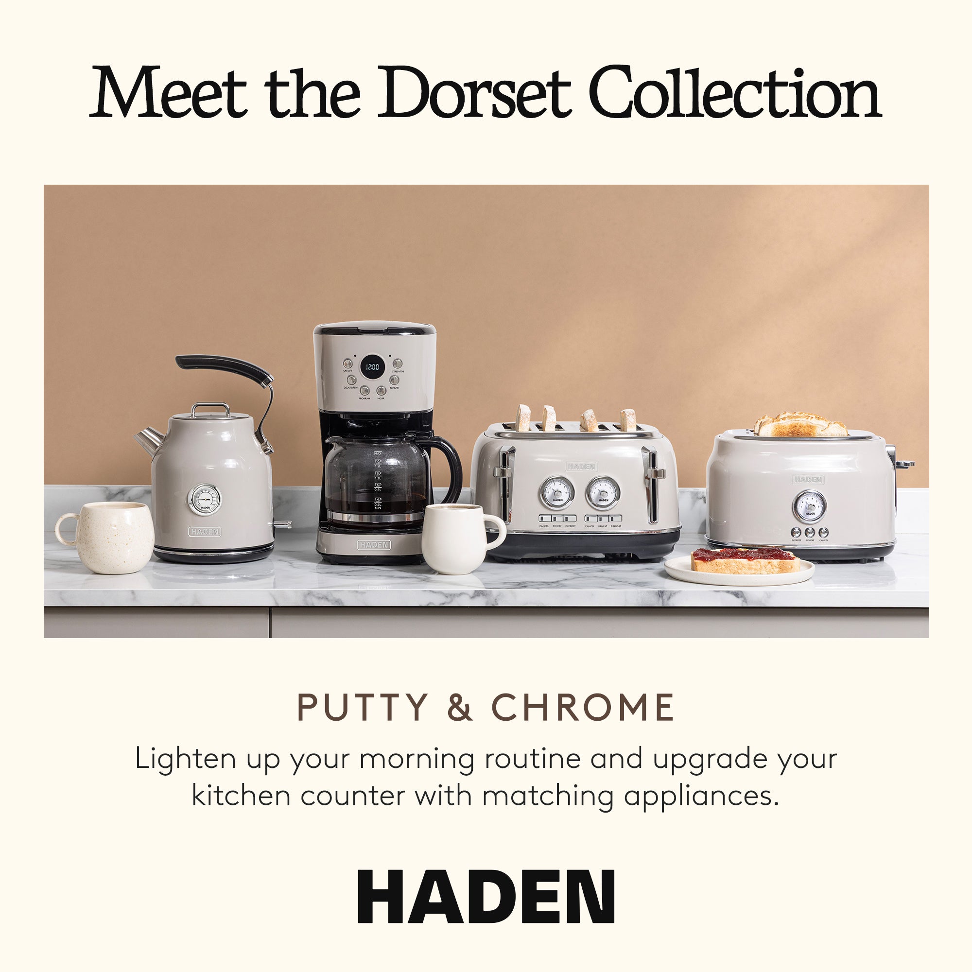 Haden Dorset 4 Slice Wide Slot Toaster & Electric Water Kettle, Putty & Chrome