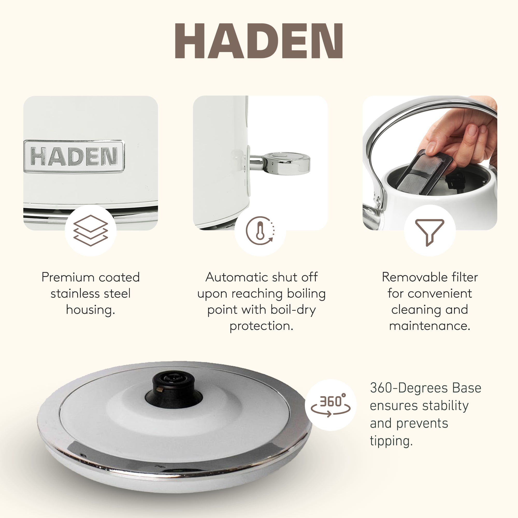 Haden Heritage 1.7 L Stainless Steel Electric Kettle with 2 Slice Toaster, White